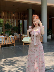LIZAKOSHT - Bowtie floral V-neck flying sleeve dress for women summer pink gentle long dress slim waist A-line Dress 2024 New