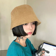LIZAKOSHT Japanese Plain Basin Hats Women Early Autumn Solid Color Literary and Artistic Men's Caps Versatile Corduroy Retro Bucket Hat