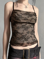 LIZAKOSHT  -  Cute Vintage Floral Print Lace Camis y2k Aesthetic Slash Neck Sleeveless Strap Crop Tops Women Casual Summer Tees Kawaii