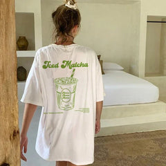 LIZAKOSHT  -  Iced Matcha Graphic Top Tees Short Sleeve Retro Aesthetic T-Shirts Cute Matcha Lover T Shirt Women Oversized Streetwear Clothing