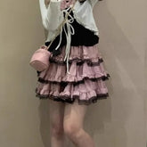 LIZAKOSHT - Harajuku Sweet Lolita A-line Skirt for Women Y2k High Waist Ruched Lace Cake Skirts Summer New Pink Faldas Mujer