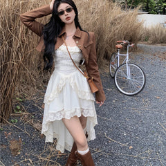 LIZAKOSHT - Autumn New Korean Lace Splicing Irregular Sexy Solid Color Sling Dress Women + Casual Long-sleeved Jacket Two-piece Suit