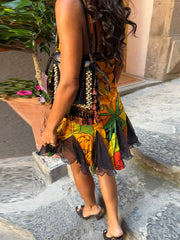LIZAKOSHT - V Neck Spaghetti Strap Fruit Print Mesh Mini Dress Slim Flared Hem Spring Summer Chic Vacation Lady Women Cute Outfit