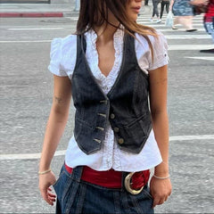 LIZAKOSHT - Women's Crop Denim Vest Y2k V-neck Sleeveless Single Breasted Short Female Waistcoat 2025 Spring Summer Lady Street Tops
