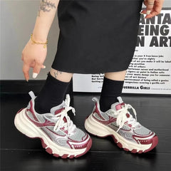LIZAKOSHT - Fashion Design Mixed Color Patchwork Round Toe Women Sneakers Thick Sole Chunky Heels Lace Up Running Trainer New Western Shoes