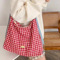 LIZAKOSHT - Plaid Red Shoulder Bag for Women Elegant Casual College Style Large Capacity Backpack Cute Sweet 2024 Harajuku Fashion Bag