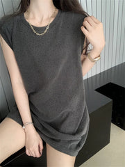 LIZAKOSHT - Mid-Length T-Shirts Women Loose All Match Summer Casual New Office Lady High Street Vintage Streetwear Tees