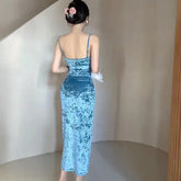 LIZAKOSHT - Women's Crushed Velvet Spaghetti Straps Sexy Ruched High Split Slim Fit Bodycon Midi Dress Cocktail Club Dresses Vestidos