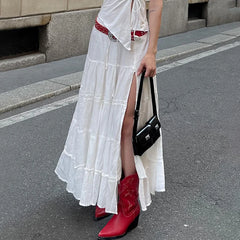 LIZAKOSHT - Cotton White Women'S Long Skirt Boho Holiday Style Sexy Side Split Midi Skirt Female Solid Casual Y2K Aesthetic Outfits