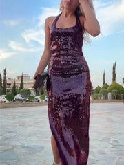 LIZAKOSHT  -  Halter Sequin Dress Party Dresses Sexy Backless Slim Fit Fashion Elegant Hanging Neck Women Beach Dress Socialite Evening Robes