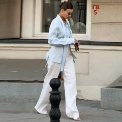 LIZAKOSHT - Casual Women's Lace Up Shirts Long Sleeve Solid Waist-Closed Button Lady Blouse 2025 Fall Fashion Female Streetwear New