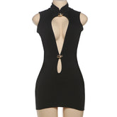 LIZAKOSHT - Sexy Sleeveless Cut Out Bodycon Women Short Dress Half High Collar Solid Skinny Ladies Fashion Zipper Vestidos Clubwear