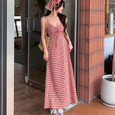 LIZAKOSHT - Sexy Backless Red Plaid Dress Women Summer Sweet Skinny Spaghetti Strap Dress Pretty Style Chic Elegant Party Night Vestidos