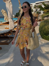 LIZAKOSHT - Fashion Yellow Floral Print Mini Dress For Women Casual O-neck Sleeveless Ruffle Trim With Lace Dress Lady Beach Vestidos
