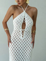 LIZAKOSHT - White Knit Beach Long Dress Women See-Through Lace-Up Backless Hollow Out Loose Sexy Dress Female Knitwear Summer Dress