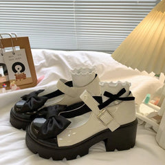 LIZAKOSHT - Lolita Thi Heel Little Girl Student oes Knot PU Lined Faion Single oes round Toe Rubber Outsole Pure Color