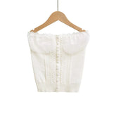 LIZAKOSHT - Women Off The Shoulder Twist Lace Trimmed Button Knitted Strapless Top