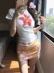 LIZAKOSHT - T Shirts Women Short Sleeve Flowers Slim Summer Fashion Vintage Sexy Y2k Crop Tops Harajuku Female Casual Tshirt