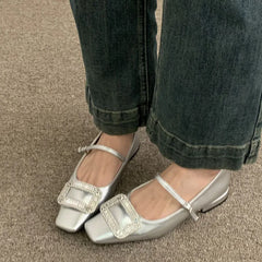 LIZAKOSHT - Candy Color Women Flat Shoes Fashion Big Crystal Buckle Ladies Elegant Mary Jane Shoes Soft Flat Heel Dress Single Shoes New