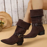 LIZAKOSHT - Big Size 42 Vintage Maillard Style Brown Cowboy Boots Women Buckle Belt Retro Black Mid-calf Boots Shoes Winter Western Booties