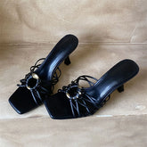 LIZAKOSHT - Fashion Metal Decoration Narrow Band Women Slippers Summer Square Toe Thin Heels Party Dress Ladies Shoes