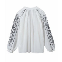 LIZAKOSHT - Long Sleeve White Cotton Blouse Shirt Women Vintage Floral Embroidery Tassel Overshirt Boho Loose Top 2024 Spring Autumn