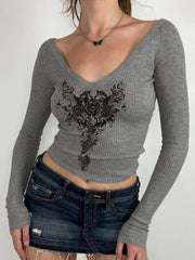 LIZAKOSHT - Gothic Graphic Prints Knit T-shirts Aesthetic Gray V- Neck Long Sleeve Tees Vintage Top Y2k Women's Clothes Autumn 2024