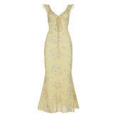 LIZAKOSHT - Floral Print Ruffles Dresses Sexy Printed Fish Tail Party Dress Summer Chic Harajuku Vacation Long Outfits