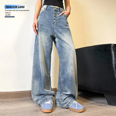 LIZAKOSHT  -  Blue Womens Jeans High Waist Vintage Straight Summer Plus Size Y2K Denim Pants Streetwear American Baggy Wide Leg Denim Trouser