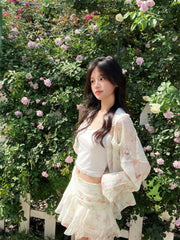 LIZAKOSHT  -  Japanese Kawaii 2 Piece Skirt Sets Women Casual Y2k Thin Floral Blouse + Short Skirts Beach Style Elegant Korean Fashion Suits