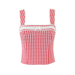 LIZAKOSHT - Women Strap Back Smocking Eloise Linen Top Tomato Check