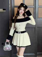 LIZAKOSHT - Women Knitted Mini Dress Autumn Hottie Slash Neck Patchwork Fashion Camisole Dresses Off Shoulder Belt Button Casual Vestidos