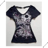 LIZAKOSHT - Retro Millennial Fake Two Letter Printed T-Shirt Women Y2K Streetwear Hot Girls Slim Korean Fashion Street Trend Casual Tops