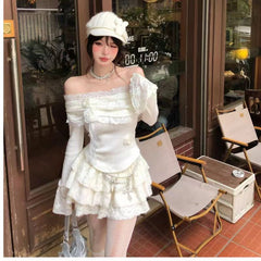 LIZAKOSHT - Korean Fashion Lolita Style Skirt Sets Women Sweet Flower Lace Slash Neck Knitted Tops Y2k Mini Cake Skirts Vintage Elegant Suit