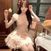 LIZAKOSHT - Sweet Hot Girl Pure Sexy Bow Square Collar Dress for Women's Summer Slim Fit A-line Short Dress Fashion Female Clothes
