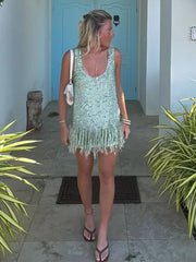 LIZAKOSHT - Fashion Sequin Tassel Mini Dress For Women Sleeveless O-neck Feather Female Dresses 2025 Summer Elegant Beach Female Ball Gown