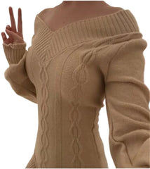 LIZAKOSHT - Ladies V-Neck Knitted Sweater Sweet Off Shoulder Loose Autumn Winter Outerwear Comfortable Long Sleeve Tops Grey Pullovers Tops
