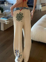 LIZAKOSHT - Y2k Aesthetic Streetwear Print Straight Pant Women Casual Patchwork Pantalon Personality Drawstring Grunge Wide Leg Trousers