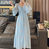 LIZAKOSHT  -  Women Chinese Style Embroidery Lace Up Elegant Party Dresses Female V Neck Long Sleeve High Waist Slim Fairy Midi Dress Vestidos