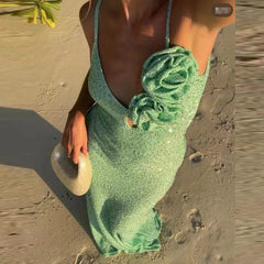 LIZAKOSHT - Women Luxury 2025 Rose Suspender Sequins Gowns Dress 2025 V-Neck Glitter Evening Dress Sexy Slim Green Party Robes Vestidos