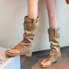 LIZAKOSHT - Summer Internal Elevation Women Knee High Boots Retro Style Clip Toe Shoes Ladies Causal Slip On Sandalias Booties