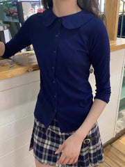 LIZAKOSHT - Navy Half Sleeve Slim T-shirt Autumn Peter pan Collar Single Breasted Cotton Tshirt Female Sweet Cute Preppy Style Woman's tee