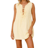 LIZAKOSHT  -  Women s Casual Sleeveless V-Neck Mini Dress with Front Tie Detail and Pleated Skirt for Summer Beach Party