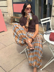 LIZAKOSHT - Women Autumn New Ramie Bloomers Plaid Printed Loose Pants Female Fashion Versatile Drawstring Streetwear Casual Trousers