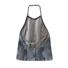 LIZAKOSHT - Vintage Women Blue Top 2024 Fashion Spring Casual Commute Loose Halter Top Straight Eastern Style Hanging Neck Jean Top