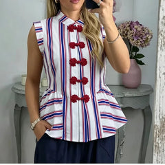LIZAKOSHT - Striped Mandarin Collar Frog Button Ruffle Trim Top Striped Single‑breasted Summer Women Blouse Versatile Casual Lady Office Top