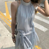 LIZAKOSHT - Ruffles Women Dresses Solid Halter Spring Summer Elegant Vestidos Mujer Korean Fashion Bandage Retro Mini Dress
