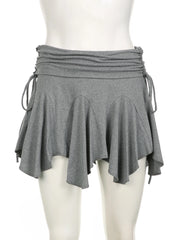 LIZAKOSHT - Casual Solid Drawstring Folds A-Line Skirt Slim Low-Waisted Mini Skirts Women Summer Fashion Streetwear Ladies