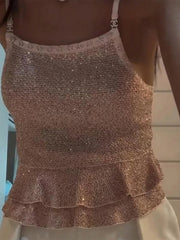LIZAKOSHT - Knitted Sequins Ruffled Hem Vest Top Women Sleeveless Backless Loose Sexy 2025 Summer Tank Beach Street Fashion Lady Tops