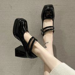 LIZAKOSHT - Elegant High Heels Platform Pumps Women's Square Toe Thick Heels Mary Janes Party Shoes Woman Patent Leather High Heels Shoes